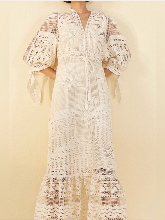 FARM Rio Dresses & Skirts - Farm Rio Cream Lace Morada Guipure Crochet Maxi Dress with Tie Waist
